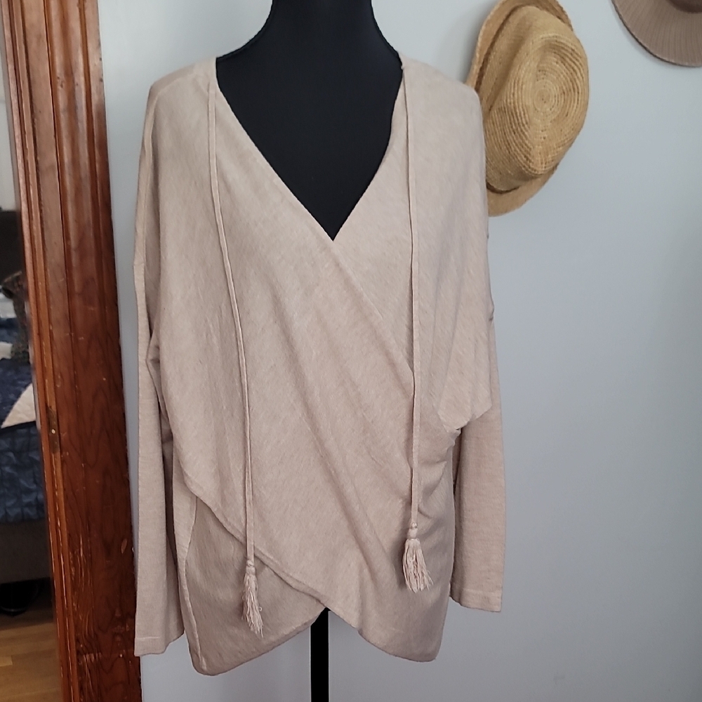 White House Black Market Beige Wrap Sweater with Tassels